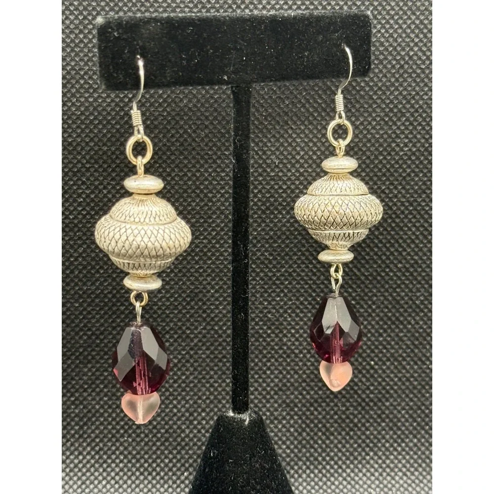 Boho Silver Tone Textured Metal Amethyst & Pink Heart Czech Glass Drop Earrings